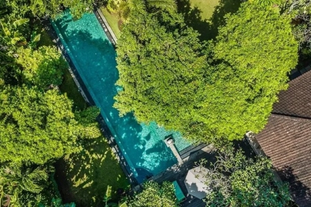 Asraya villa aerial view of villa rental with long rectangular pool and dense tropical garden foliage sanur 870x500