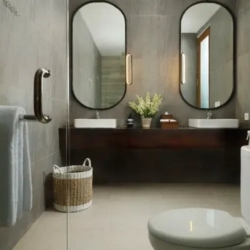 Villa ananya modern clean master bathroom with double sinks and contemporary mirrors seminyak 870x500